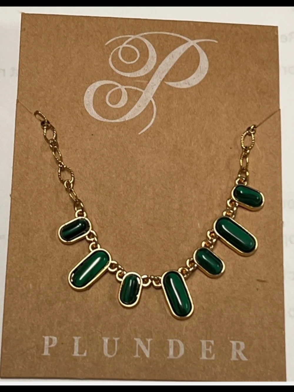 Gold Chain Necklace with Dark Green Stone Charms
